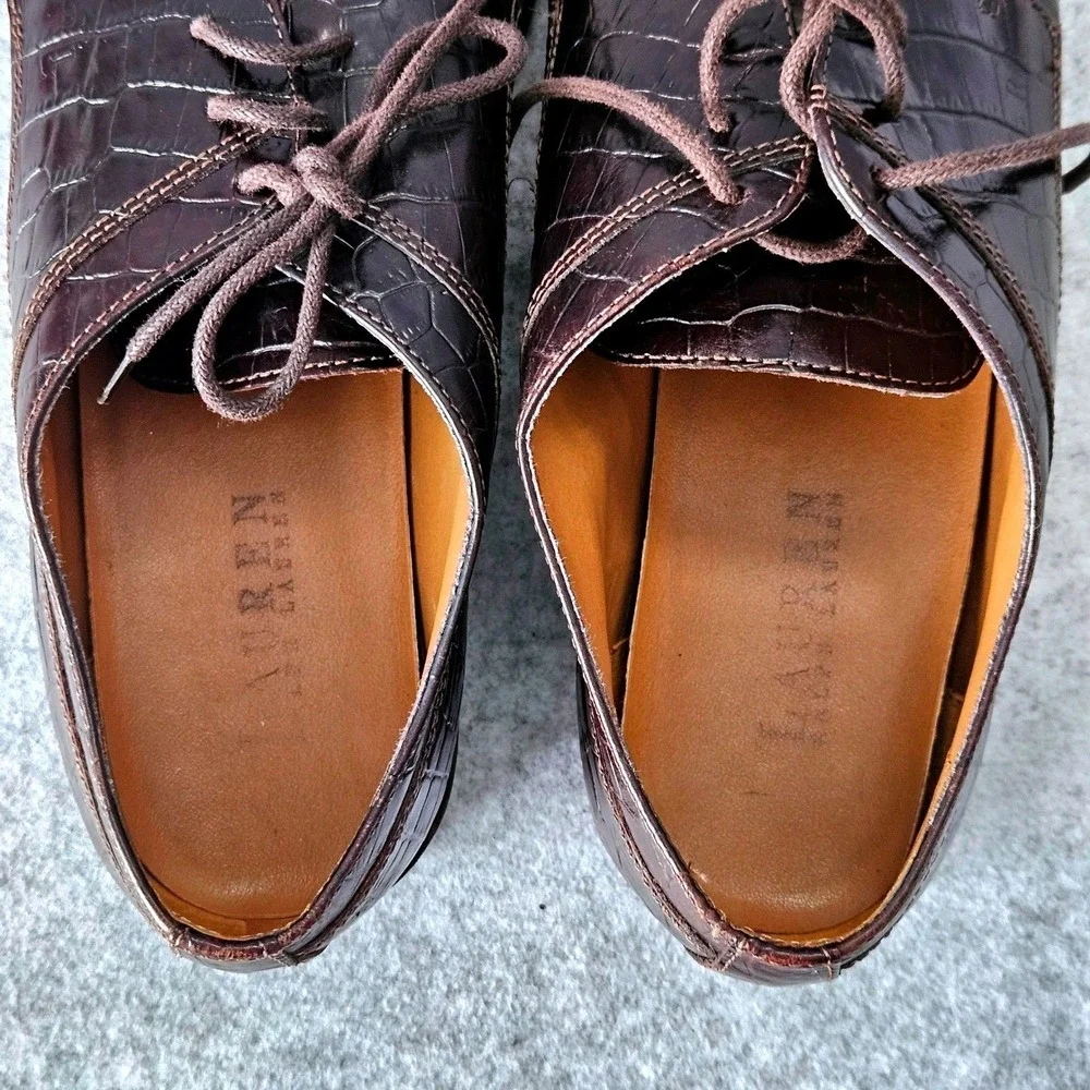 Lauren‎ Ralph Lauren Mens Dark Brown Croc Embossed Leather Apron Toe Oxfords 7.5